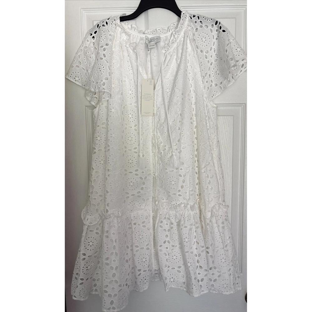 Calypso St. Barth XL White Eyelet Tiered Mini Dress Cottagecore Coastal Beach